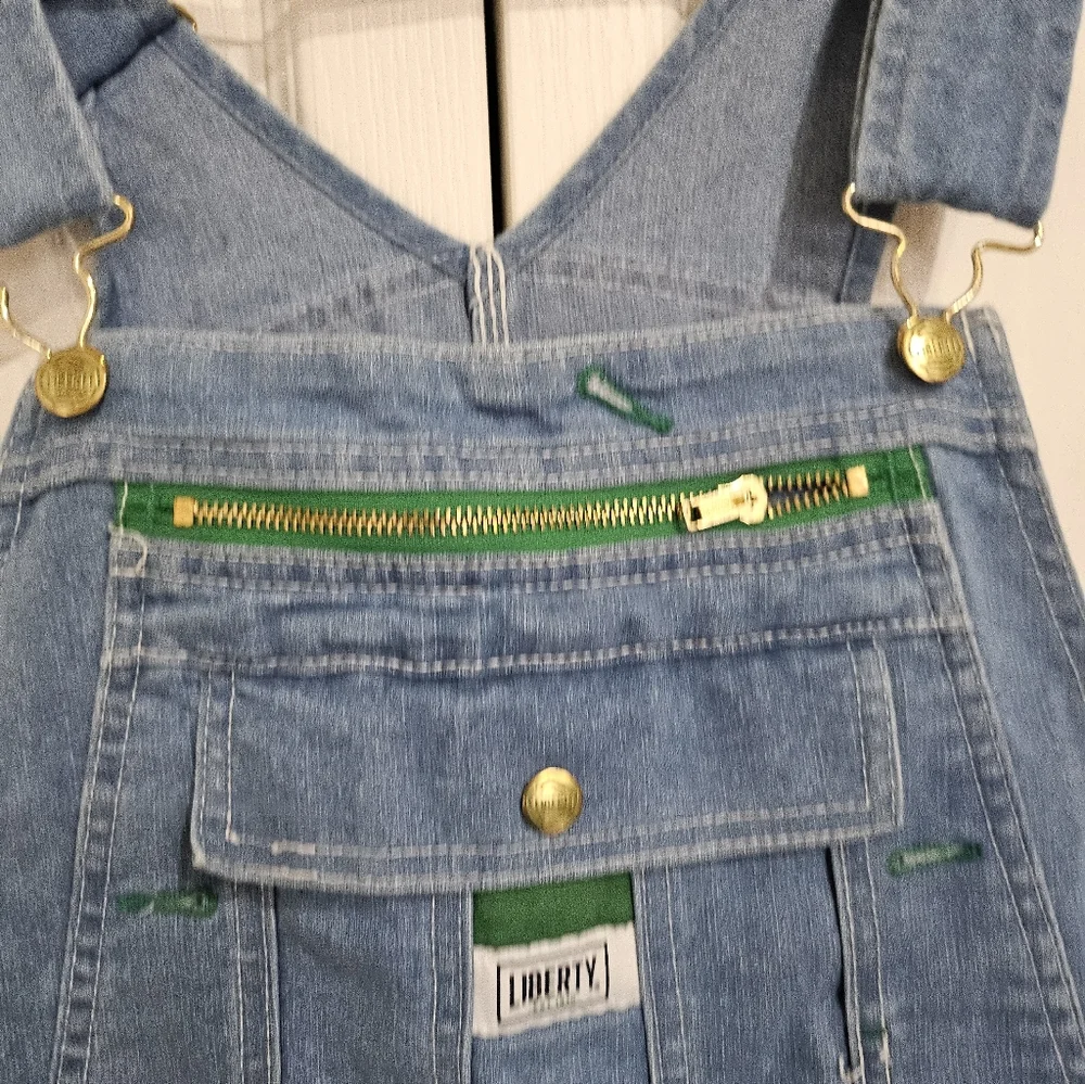 VINTAGE Liberty Blue Denim Short Y2K Overalls with Green Trim XL. - Picture 6 of 12